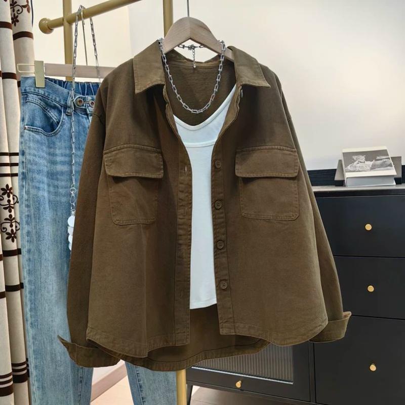 

Women s Khaki Oversized Shirt Jacket Loose Fit Casual Button-Up Blouse with Pockets L коричневий