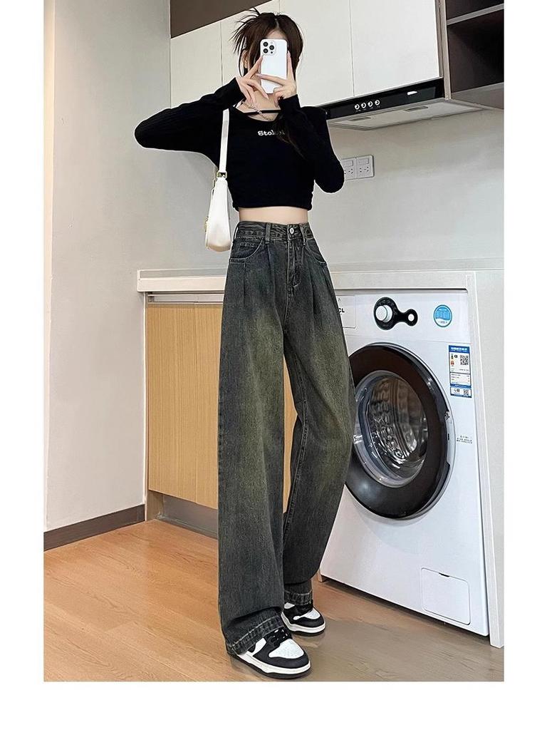 Pleated Wide-Leg High-Waist Gray Jeans for Women - Retro & Nostalgic Autumn Wear