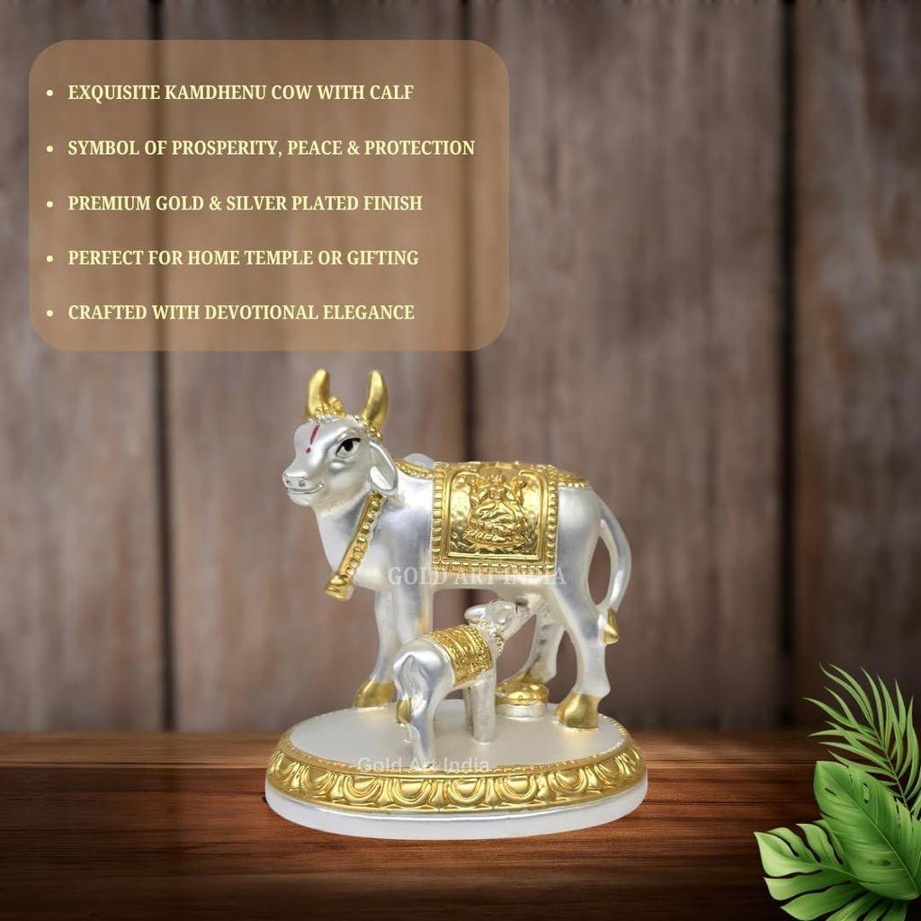 Kamdhenu Cow with Calf Idol Gold Silver Plated with Matte Finish | Home Decor Gaay Bachda Cow| Positive Energy | Wealth Idol Diwali Puja
