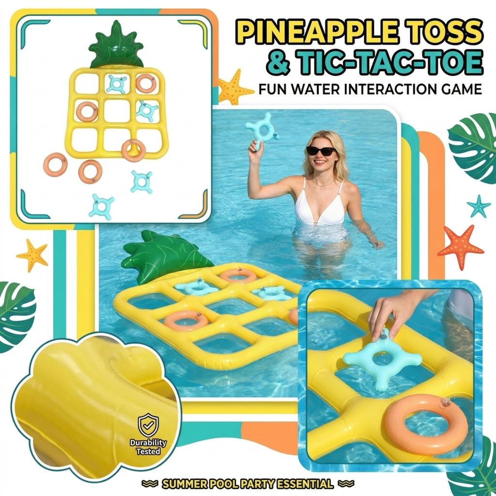 Inflatable Pineapple Shaped Tic Tac Toe Pool Game Float for Outdoor Water Activities and Family Fun