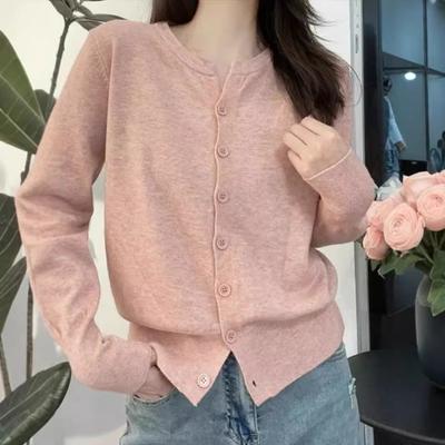 Weiche und klebrige Strickjacke Damen Rundhals Lockerer Übermantel Pulloverjacke Vielseitiges Langarm-Oberteil