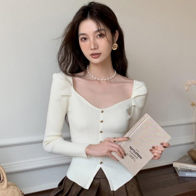 

Женский осенний свитер нового стиля во французском стиле, простой и универсальный, приталенного силуэта и с квадратным вырезом, свитер для ношения под одеждой onesize белый