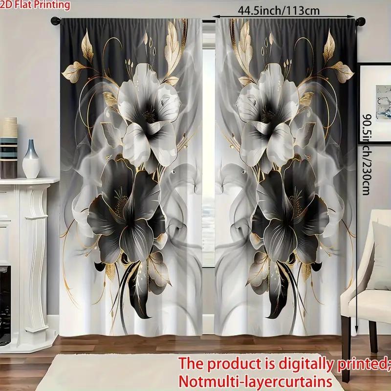 

2 Pcs Black and white flowers print curtains suitable for bedroom living room kitchen decoration home decoration window decor 100*130 Rod Pocket 1pcs