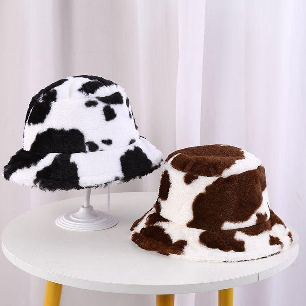 Pattern Lamb Plush Girl Panama Hats Female Hats Cow Print Caps Flannel Bucket Hat Korean Style Caps