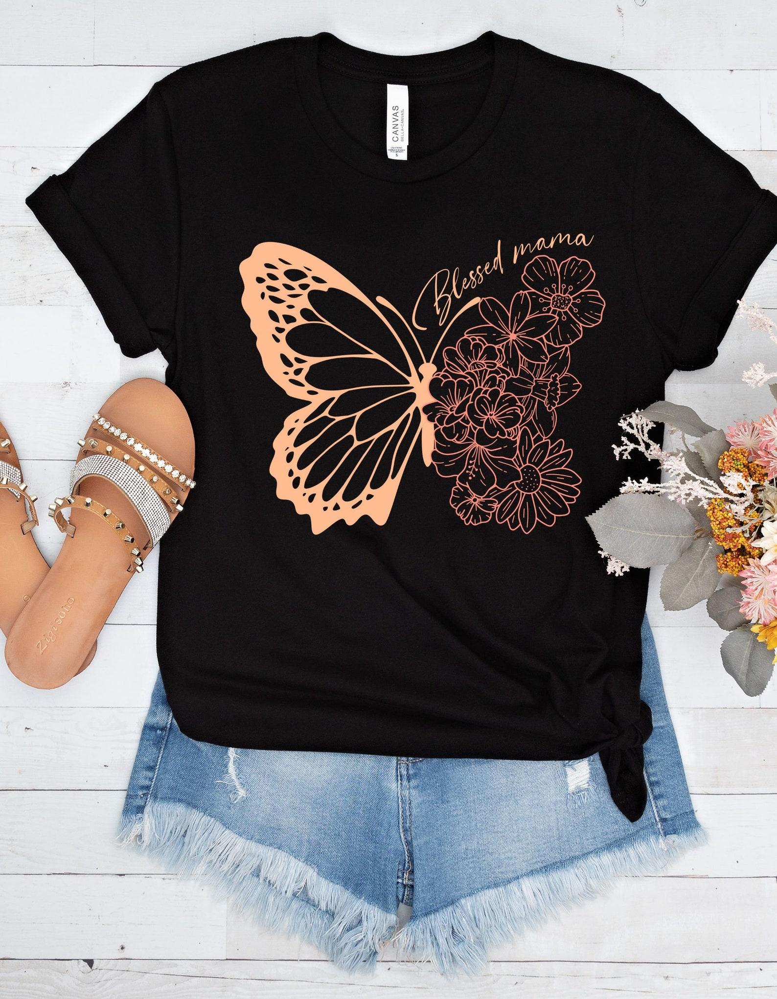 Blessed Mama tshirt, mothers day shirt, moms day tshirt, butterfly on flowers 2XL