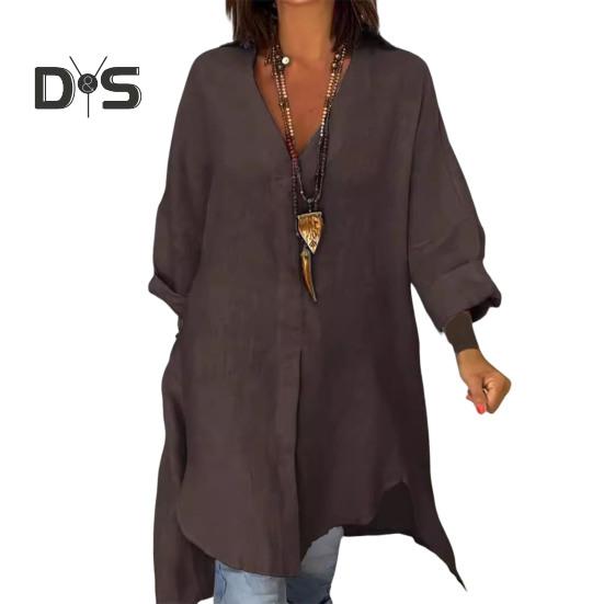 Dameskjorte V-hals Langermet Sidesplitt Hem Pullover Topper Ensfarget Løs Passform Sommerskjorte Hverdagsklær