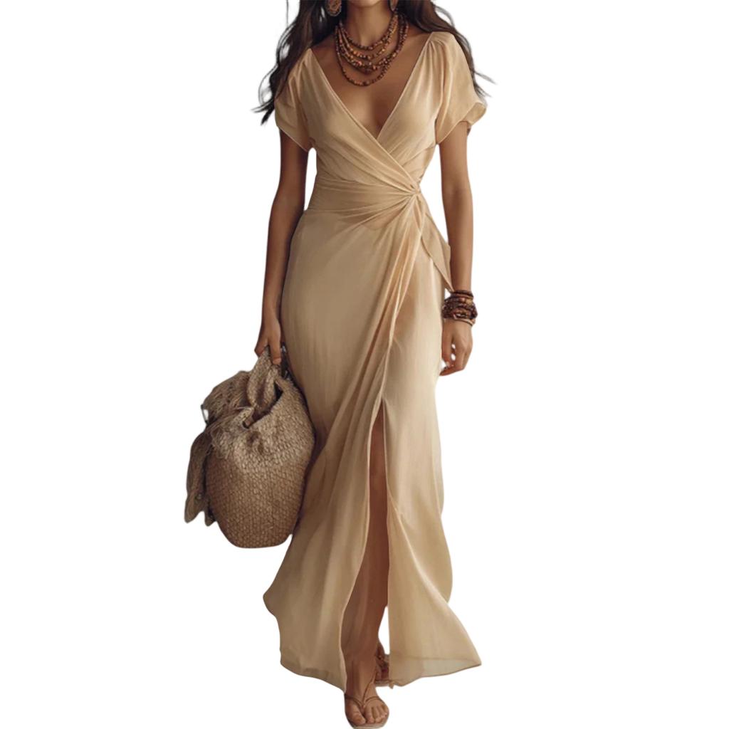 Womens Solid Color V Neck Waist Cinched Split Long Chiffon Dress Elegant Design Lightweight Fabric Comfortable Fit