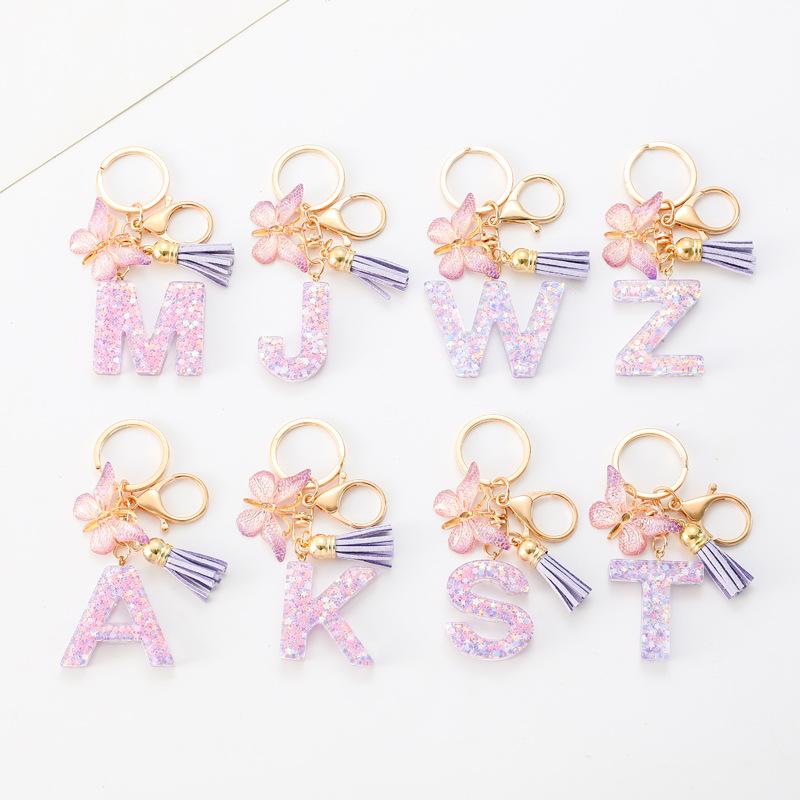 A-Z Alphabet Resin Keychain Purple Butterfly Tassel Pendant Classic Retro Durable Women Bag Accessory Practical Backpack Hanging Charm