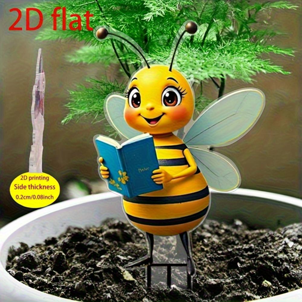 Ploché 2D akrylové roztomilé čtecí včelí zahradní dekorativní kolíky, vhodné do květináčů, terasy, zahrad a vodotěsné venkovní dekorace země.