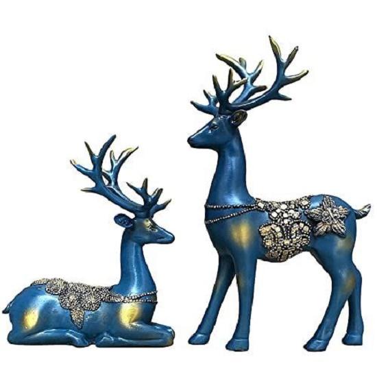 Creative Resin Golden Reindeer Sculptures | Beautiful Home Decor | Lifts Up Energy of Your Room - (Pack of 2, Blue)