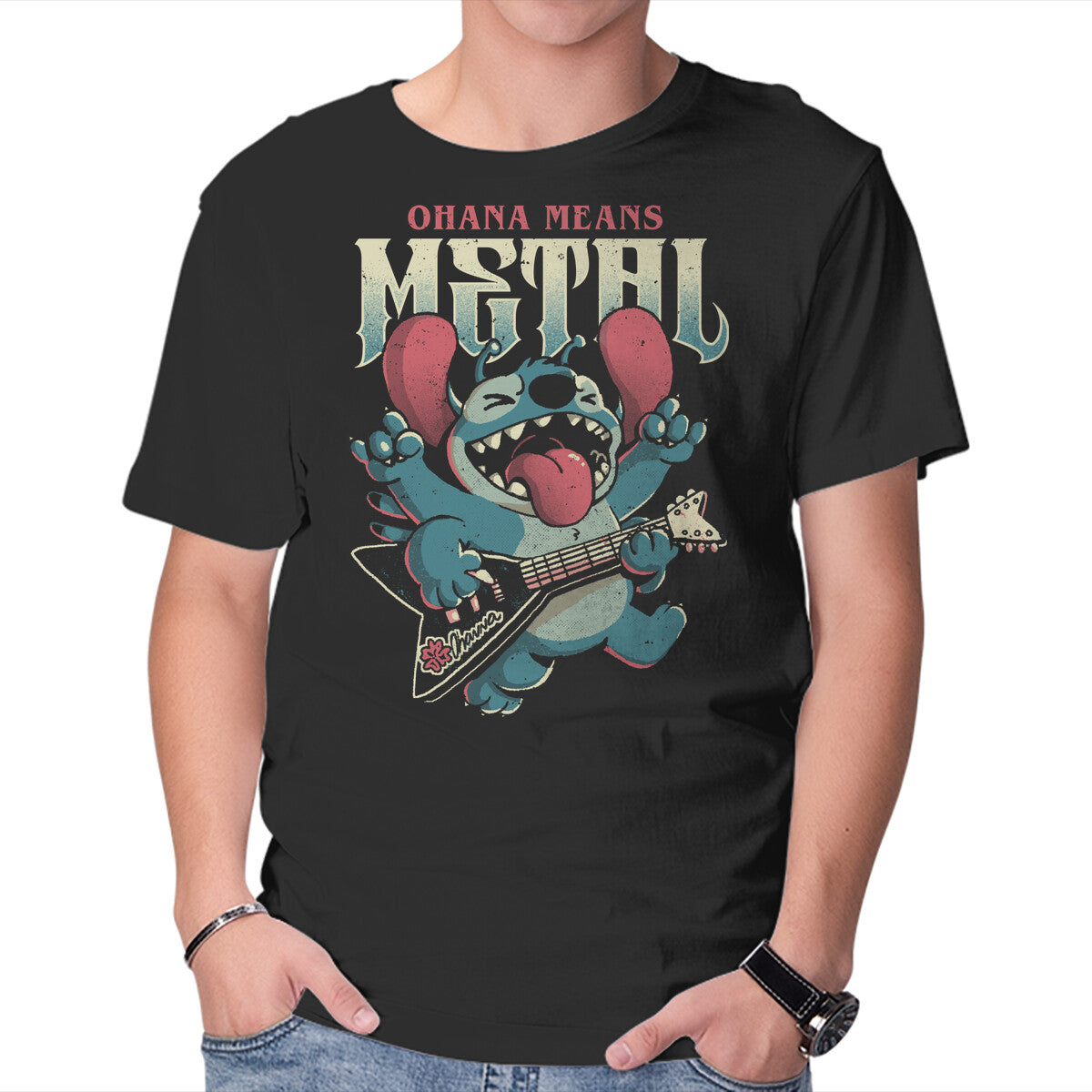 Unisex Crew Neck T-Shirt Ohana Means Metal Graphic Short Sleeve Casual Tee M