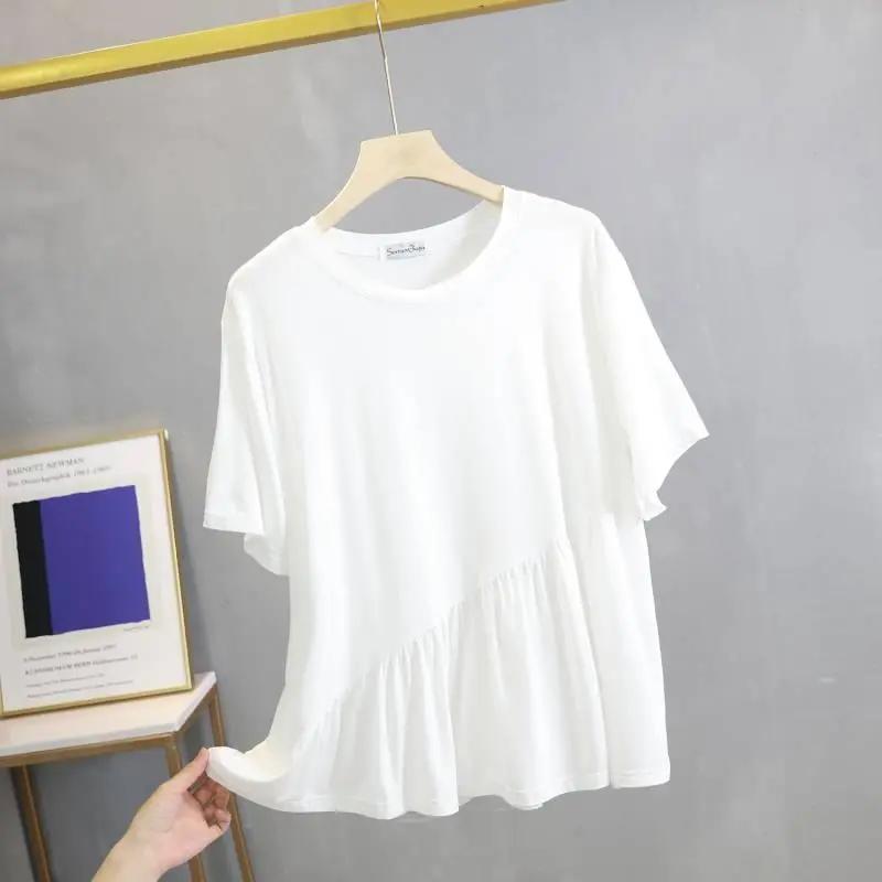 T-shirt Women Solid Color Summer Casual Large Size Loose Round Neck Pullover Short-sleeved Tops