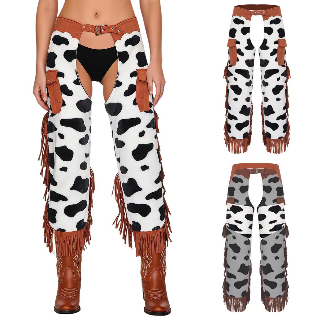 Cowboy Fringe Chaps Pants Cow Pattern Flannel Tassel Patchwork Adjustable Waist Trousers for Men Western Vintage Party Outfit