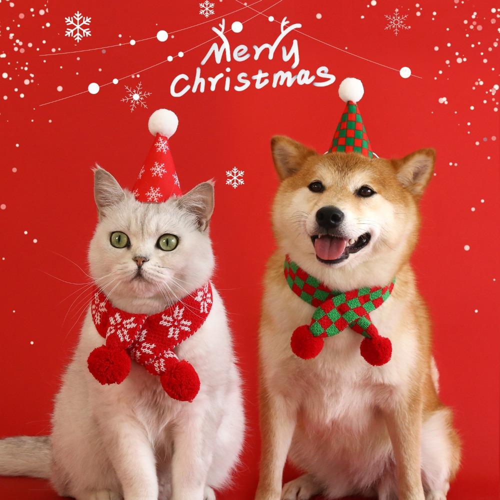 Pet Christmas Set Hat Scarf Cat Dog Plaid Snowflake Yarn Scarf Scarf Fur Ball Hat Headband Pet Dress Up for New Year Festivals