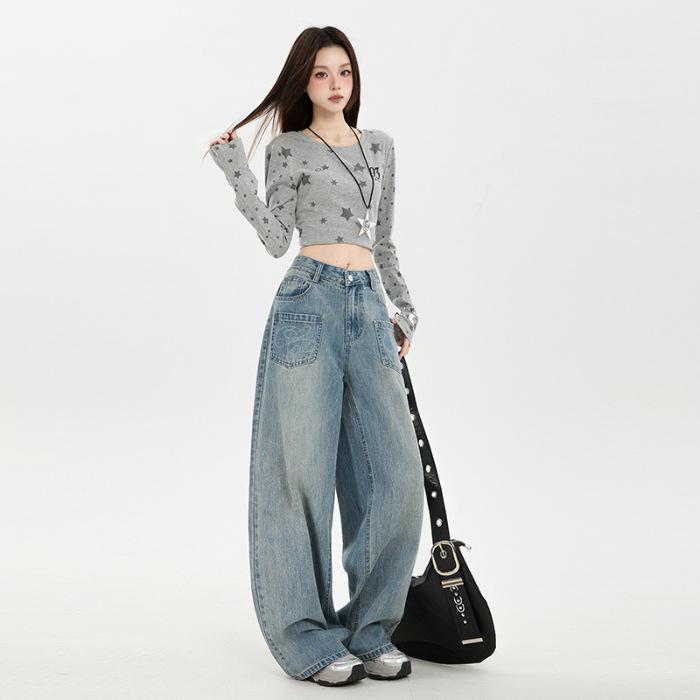 Amerikanische Retro-Stickerei Damen Wide-Leg Jeans - Herbst 2025 Kollektion