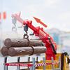 1/24 Scale Wooden Toy Truck Metal Cab, Friction Driven Wooden Truck, Equipped with A Full Function Loading Crane and 3 Loadable Logs, Light and Sound,