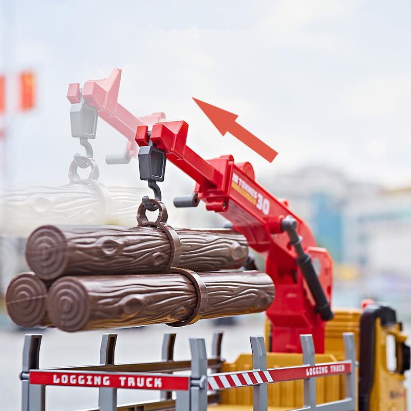 1/24 Scale Wooden Toy Truck Metal Cab, Friction Driven Wooden Truck, Equipped with A Full Function Loading Crane and 3 Loadable Logs, Light and Sound,