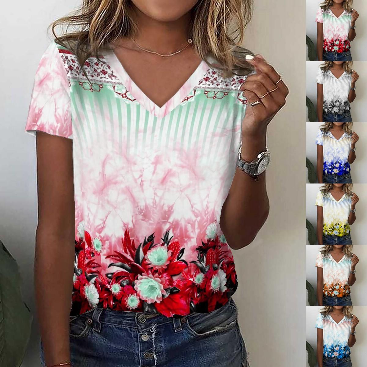 

Летняя новая модная женская повседневная футболка с v-образным вырезом и коротким рукавом с принтом больших размеров S-2XL