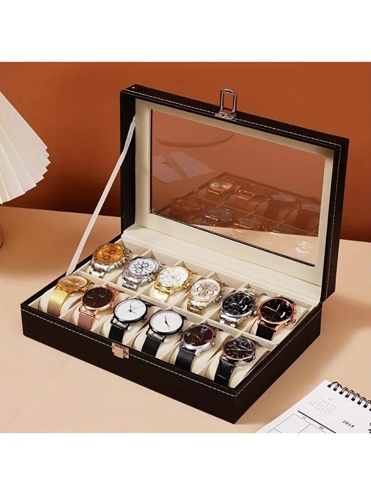 

1pc Watch Organizer - 12-Slot Display Case with Lock & Removable Pillows | Synthetic Leather Storage for Men/Gifts/Travel