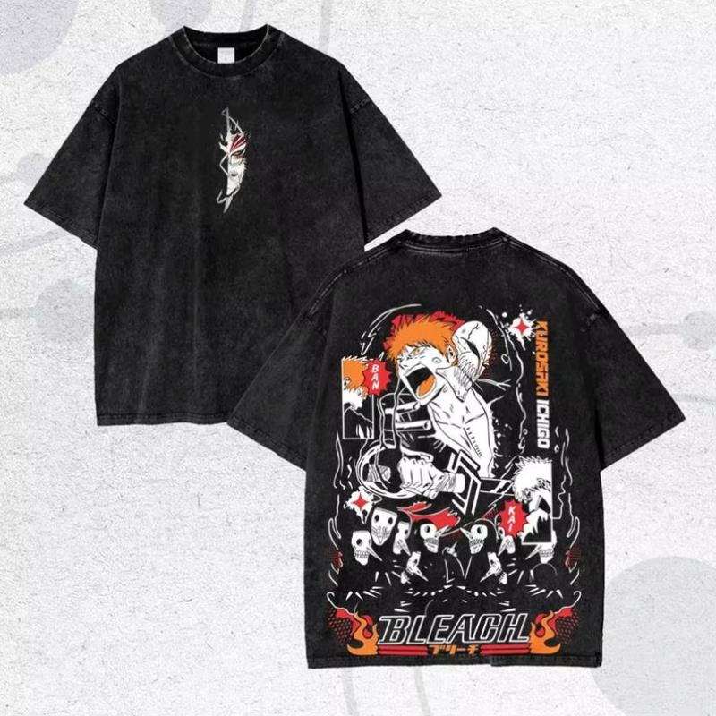 Bleach Kurosaki Ichigo Koszulka Anime Prana Winylowy Nadruk Unisex Okrągły Dekolt Krótki Rękaw Oversize Harajuku Streetwear Koszulki Top