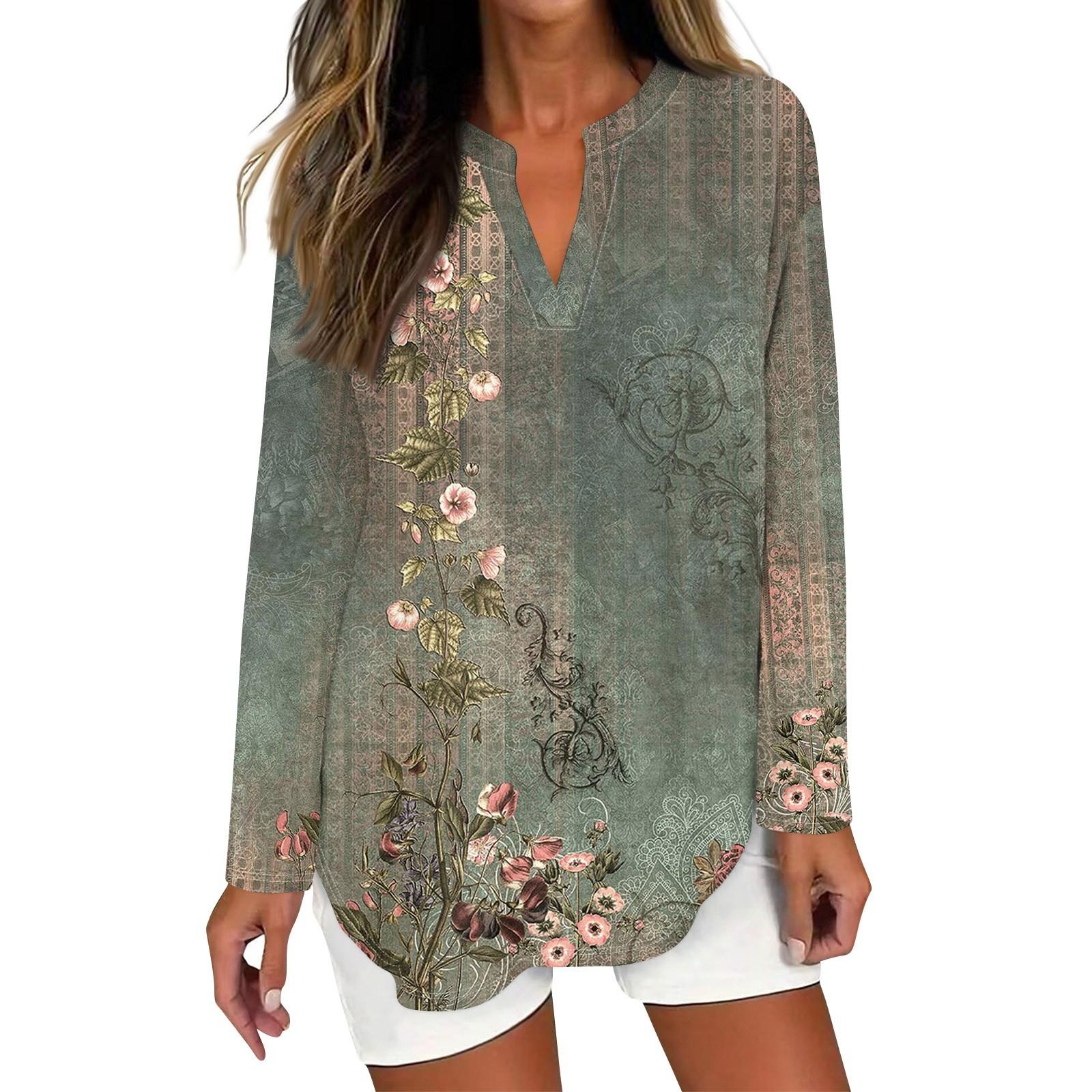 

Женская футболка с принтом, длинный рукав, повседневная, выходного дня, модная, базовая, с V-образным вырезом, изогнутым подолом, стандартный топ XXXL зелёный