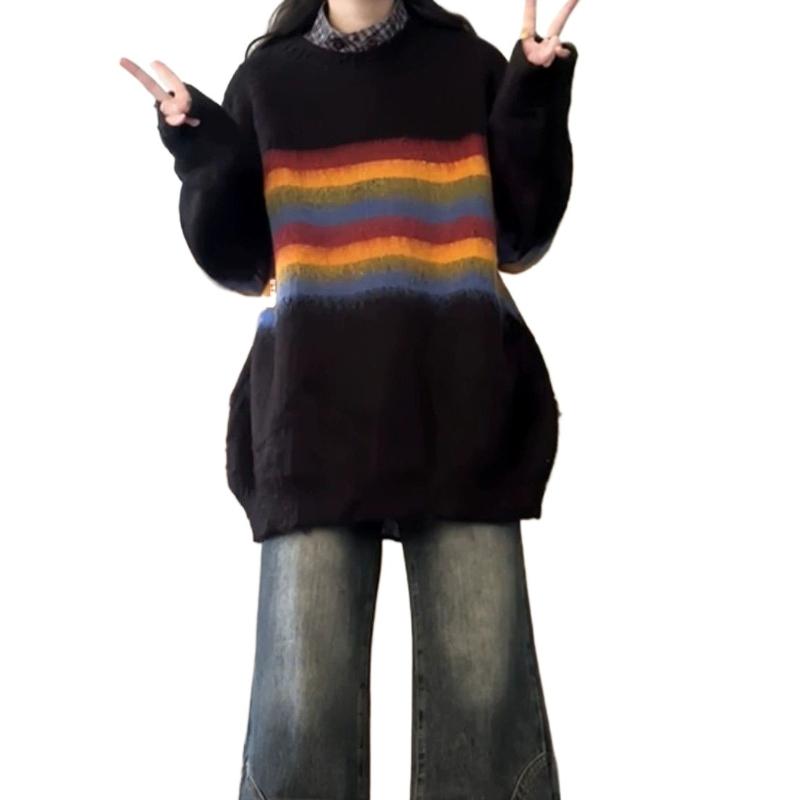 Ladies Colored Striped Black Sweater Korean Loose Female Knitted Sweaters Autumn Fashion  Women Versatile Pullover Tops