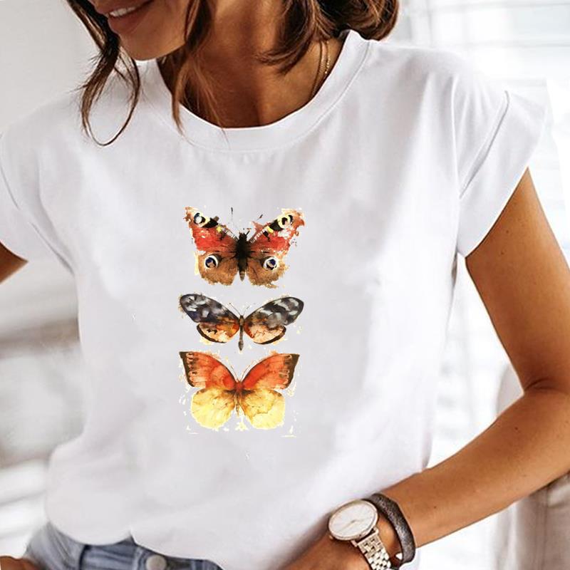 (European Size) Women Tee Top Cute Butterfly Clothing Fashion T-shirt Casual Short Sleeve Print Lady Female Graphic T-shirt