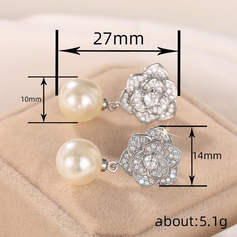 Rose Imitation Pearl Earrings For Women, Camellia Lady Princess Jewelry, Fashionable And Elegant