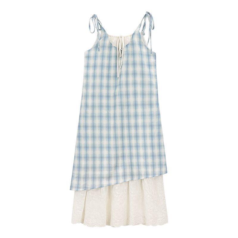 Super Good-looking and Thin Fake Two-piece Splicing Red Plaid Suspender Skirt Women's Summer New Loose Small Dress
