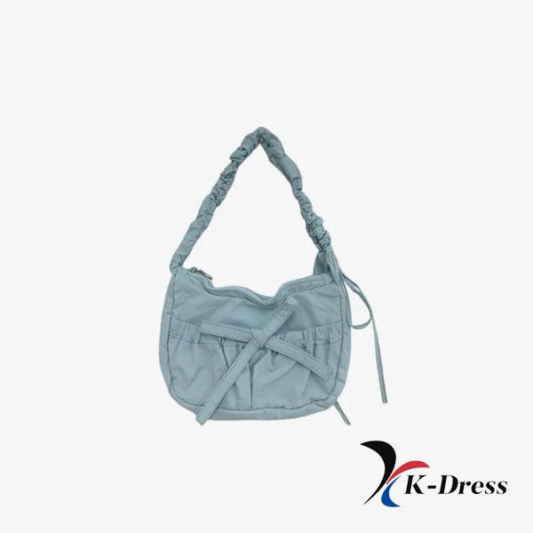 Shirring String Scrunch Shoulder Bag Nylon Ribbon Mini Gathered Casual Daily Look Date Look Travel Bag 4 Colors