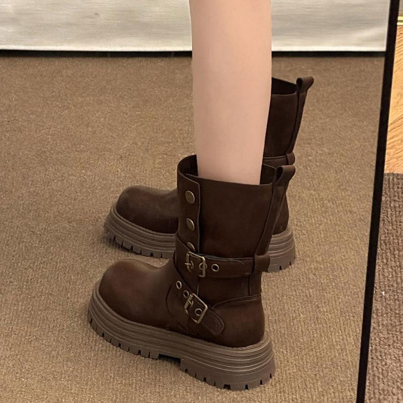 Maillard Brown Boots Platform Black Short Boots Women's 2025 New Autumn Retro Women's Shoes British Martin Boots
