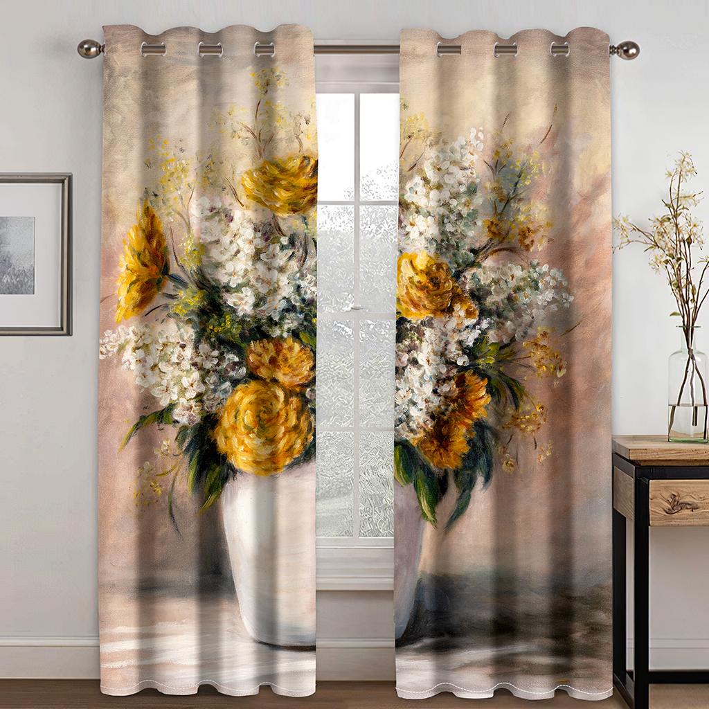 Sunflower Gold Vase Print Curtains, Pocket Window Treatment for Bedroom, Office, Kitchen, Living Room, Home Decor, Girl, 2Pcs