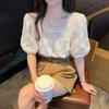 Summer Fashion Square Neck Lace Women Blouse Casual Sweet Loose Puff Short Sleeve Tops Solid Color Elegant Casual Hooked Flower Hollow Apricot Shirt