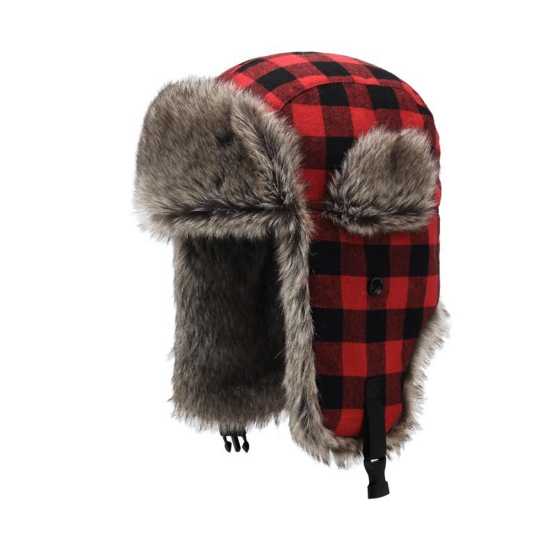 Winter Warm Fleece Lined Cotton Plaid Beanie Hat Men Women Outdoor Cold Weather Ear Protection