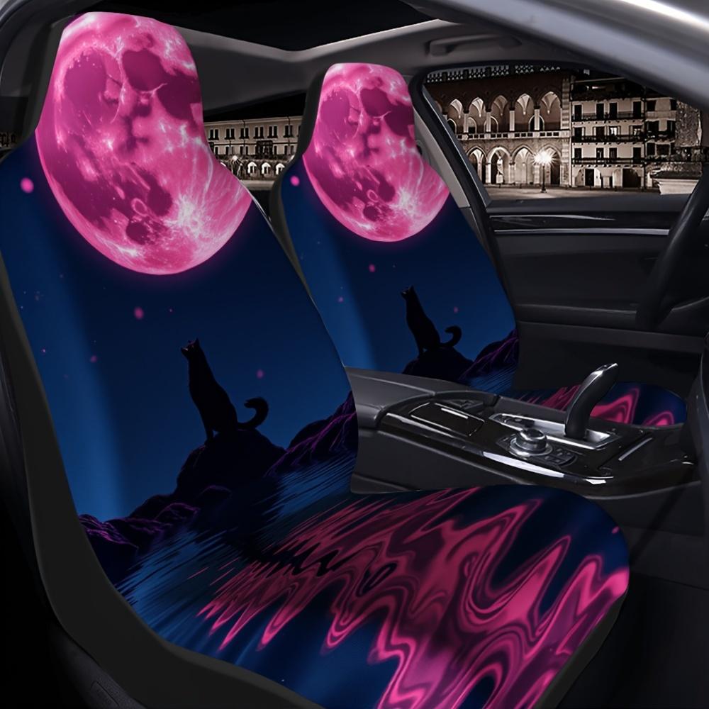 2pcs Wolf & Pink Moon Car Seat Covers - Soft All-Season Fit For Cars, SUVs, Trucks - Dark & Pink Night Sky Design With Full Moon