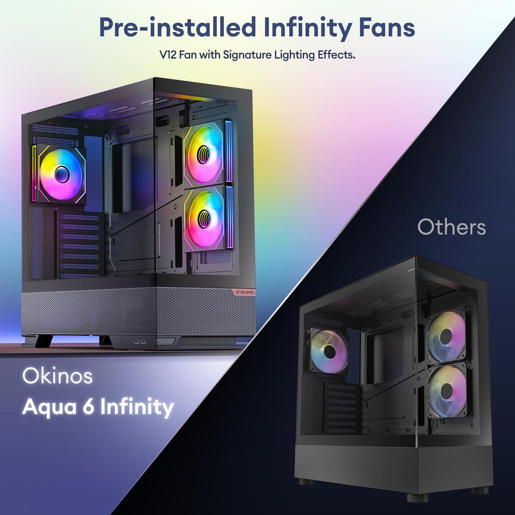 Okinos Aqua 6 Infinity Black PC Case: A Pillarless ATX-compatible PC Case with 3 ARGB Fans Included As Standard. (OKINOS AQUA 6 Infinity Mid-Tower