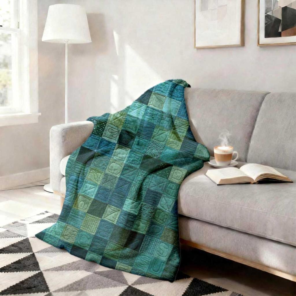 Soft And Warm Blue Green Geometric Patchwork Flannel Blanket, Lightweight for All Seasons