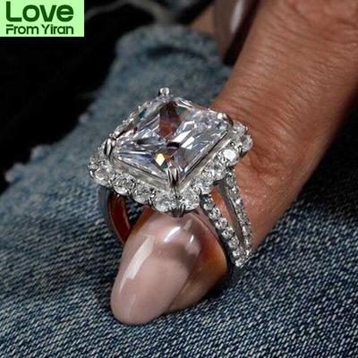 Anelli di fidanzamento color argento squisiti e alla moda per donne, con zirconi quadrati e cristalli, per anniversario, matrimonio, gioielli