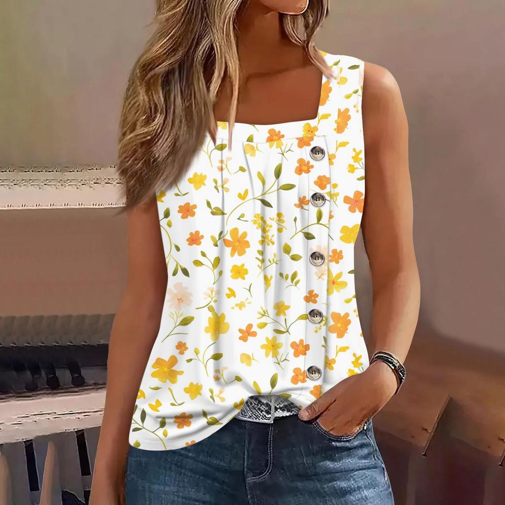 Women's Fashion Casual Basic Pleated Plain Button Square Collar Sleeveless Vest Print Summer Tank Tops