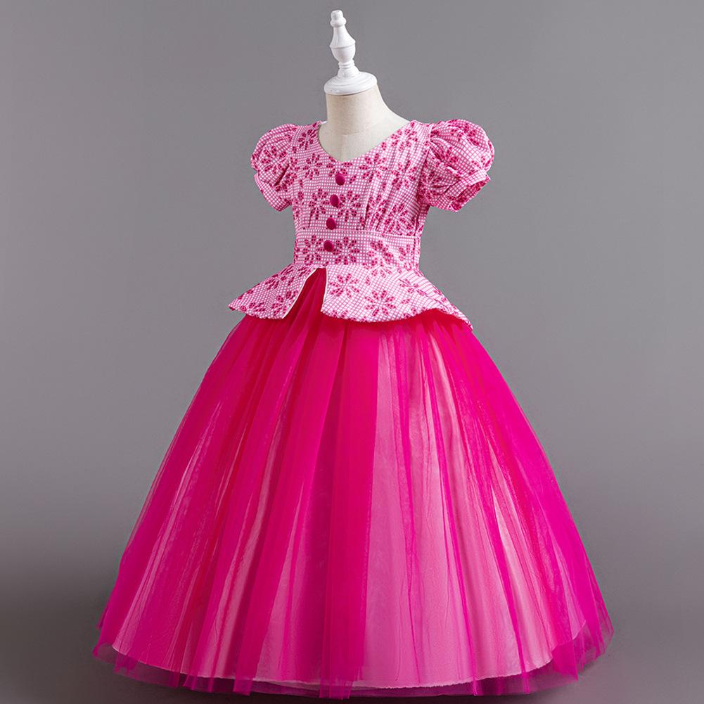 Children's Princess Dresses Thousand Birdie Patchwork Mesh Puffy Long Bubble Sleeve Girls' Stage Performance Dresses  Girl's Favourite Dress