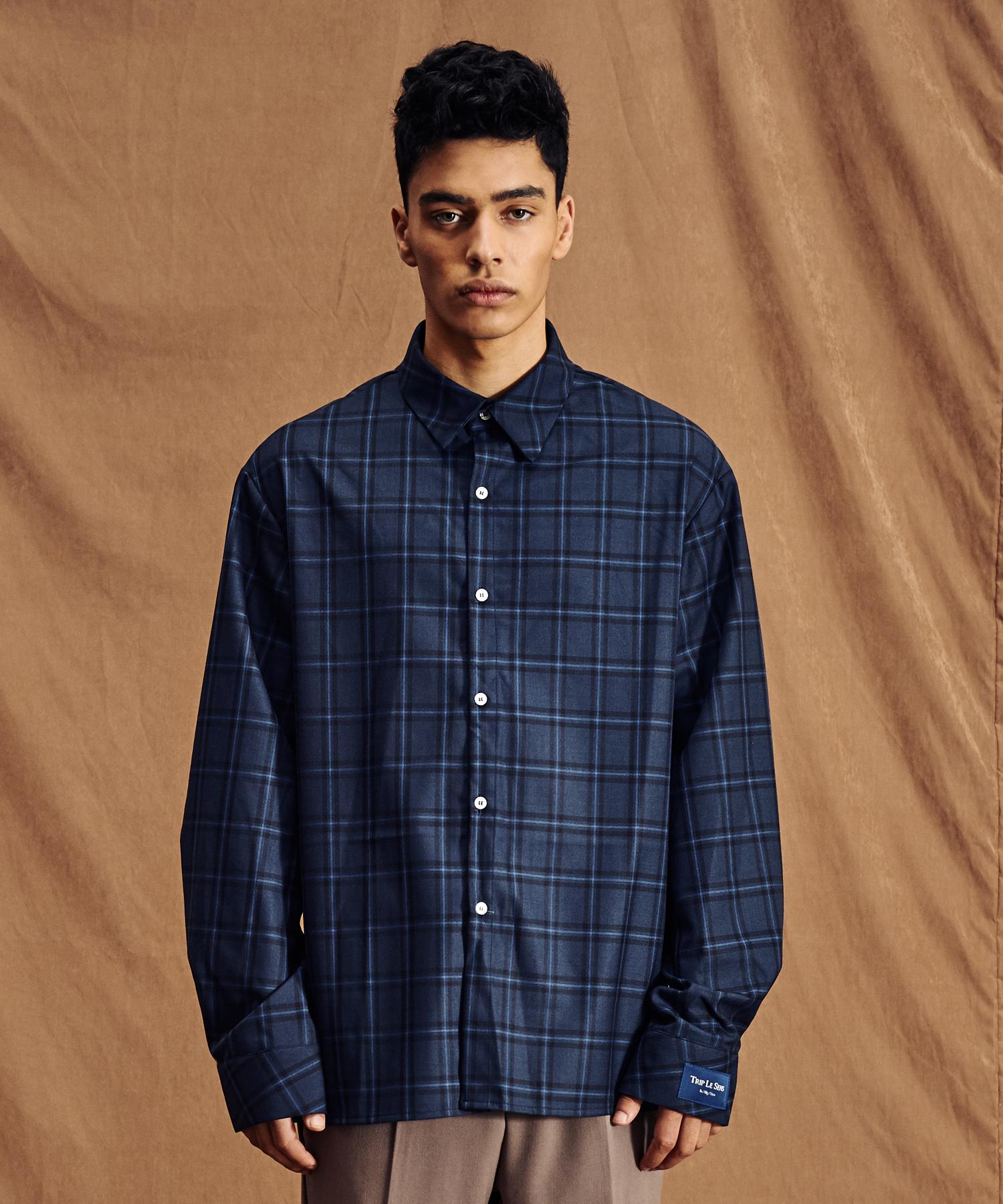 Triple Sense Genderless Check Shirts 2 Navy Blue/L