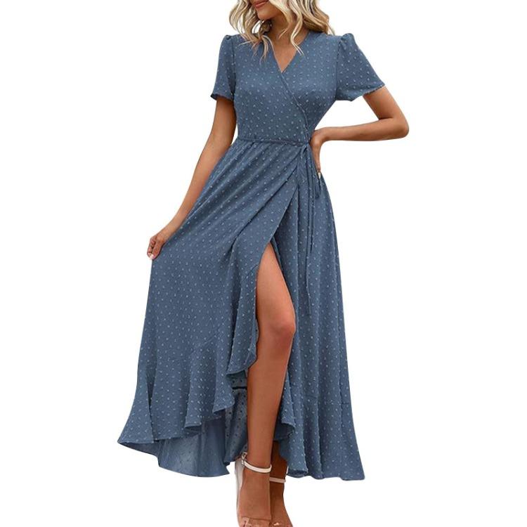 Sexy V Neck Wrap Waist Maxi Dress Women Summer Fashion A-Line Side Slit Long Casual Dress Comfortable Solid Color Short Sleeve