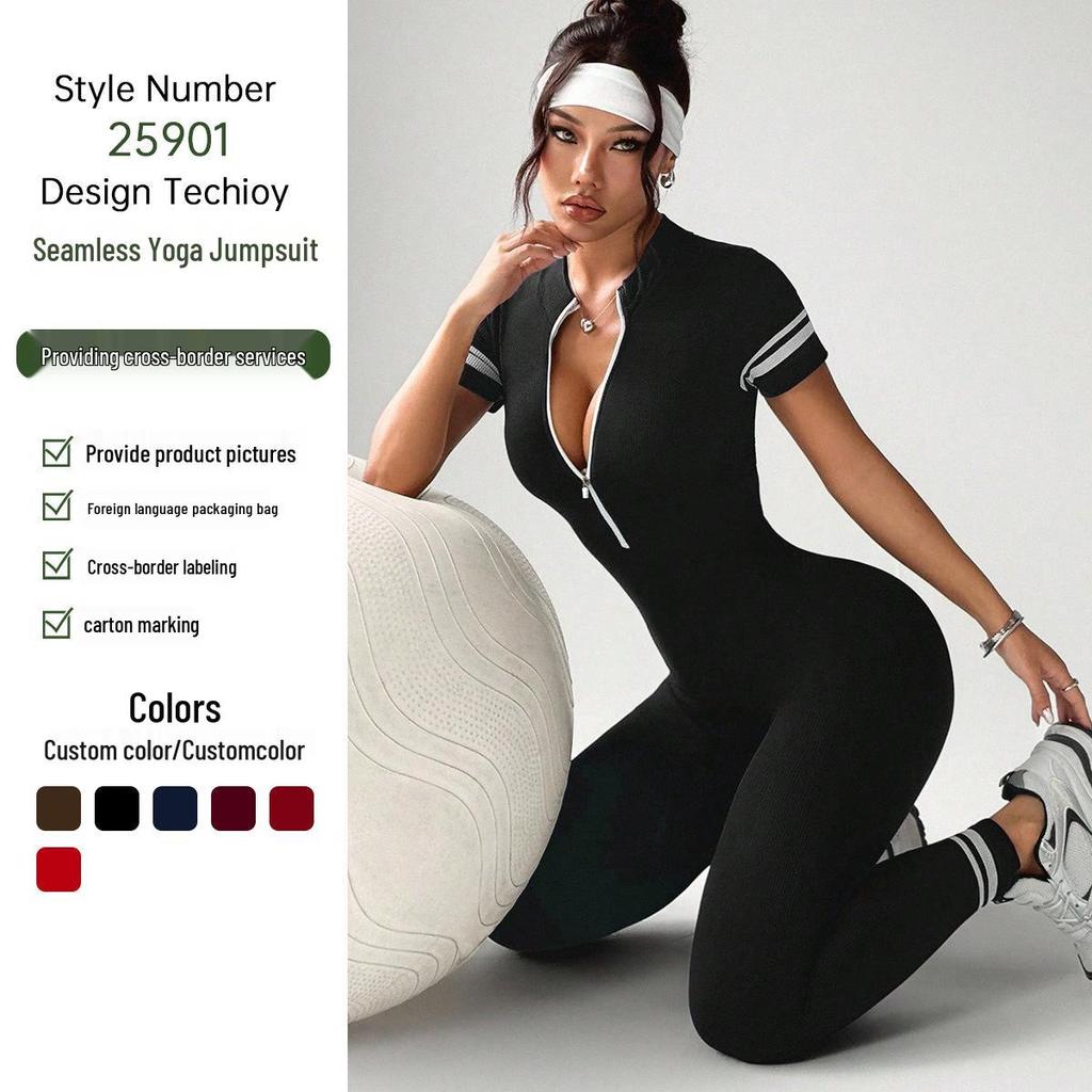 Cross-Color Yoga Jumpsuit: Short Sleeve, Zipper, Nine-Point Design for Women