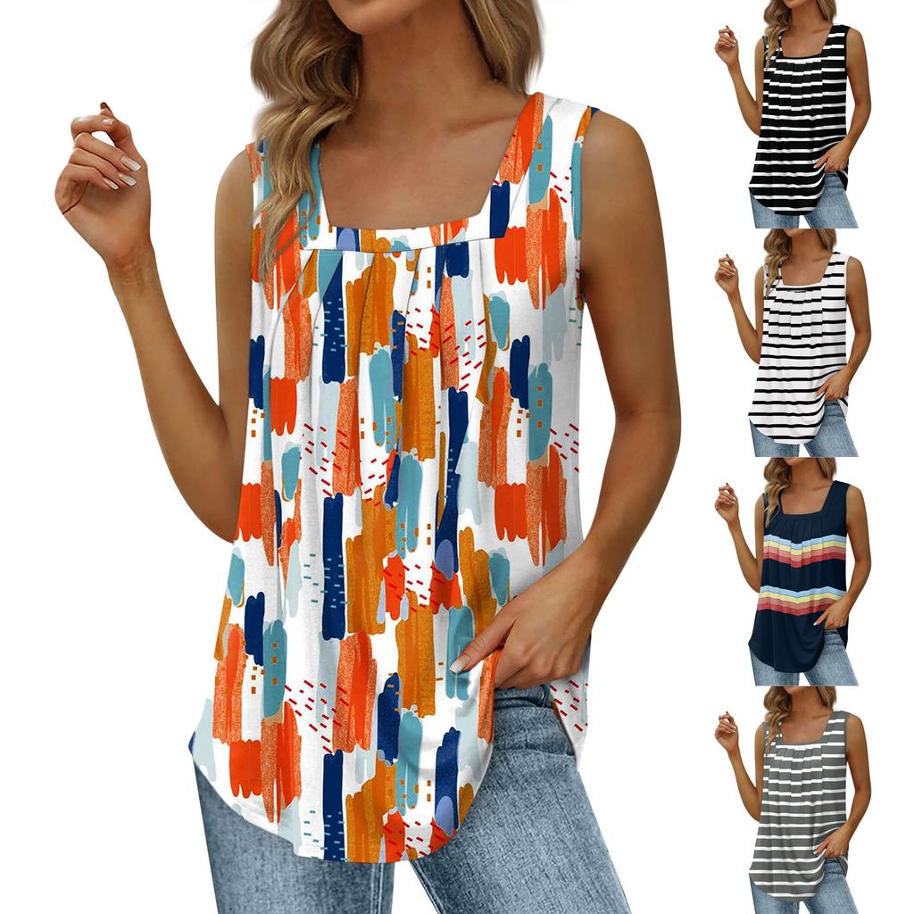 Women's Fashion Sexy Pleated Square Neck Color Sleeveless Vest Top