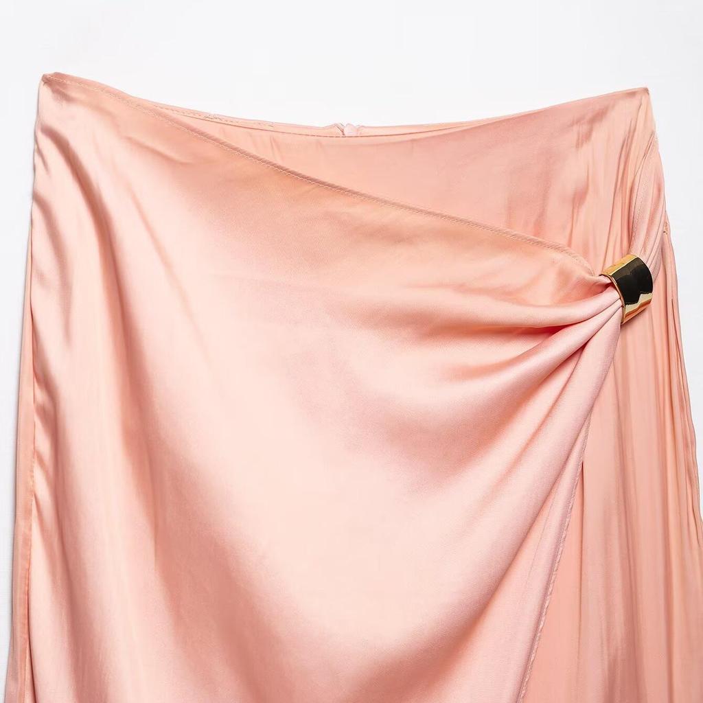 2025 Summer Gold-Trimmed Pink Silk Midi Skirt Set