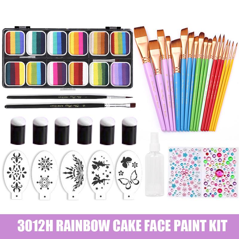 12 Farben Wasserbasierte Körperfarbe Strich Regenbogen Split Cakes Gesichtsmalerei Set mit 18 Pinseln Finger Schwamm und Schablone