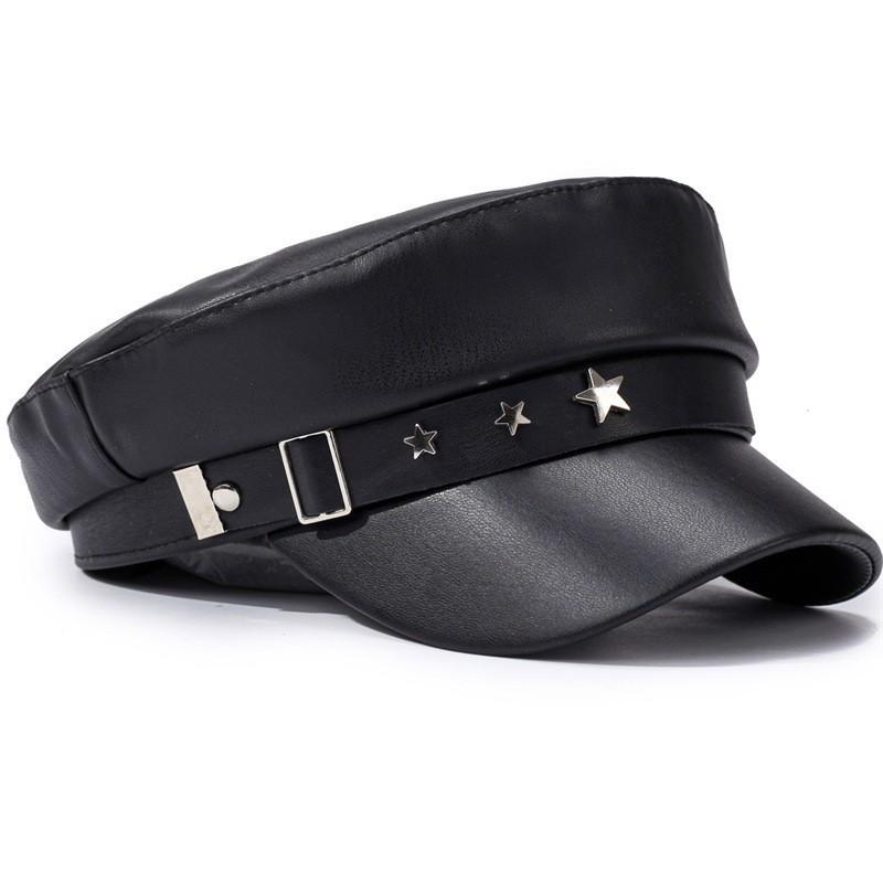 Pentagram leather buckle navy hat autumn and winter hat women's leather duck tongue beret versatile showing small face