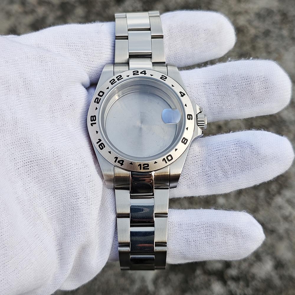 39mm EXP 24 Hour GMT Bezel Old Style Stainless Steel Waterproof Sapphire Glass Watch Case Strap Set for NH34 NH35 NH36 Movement
