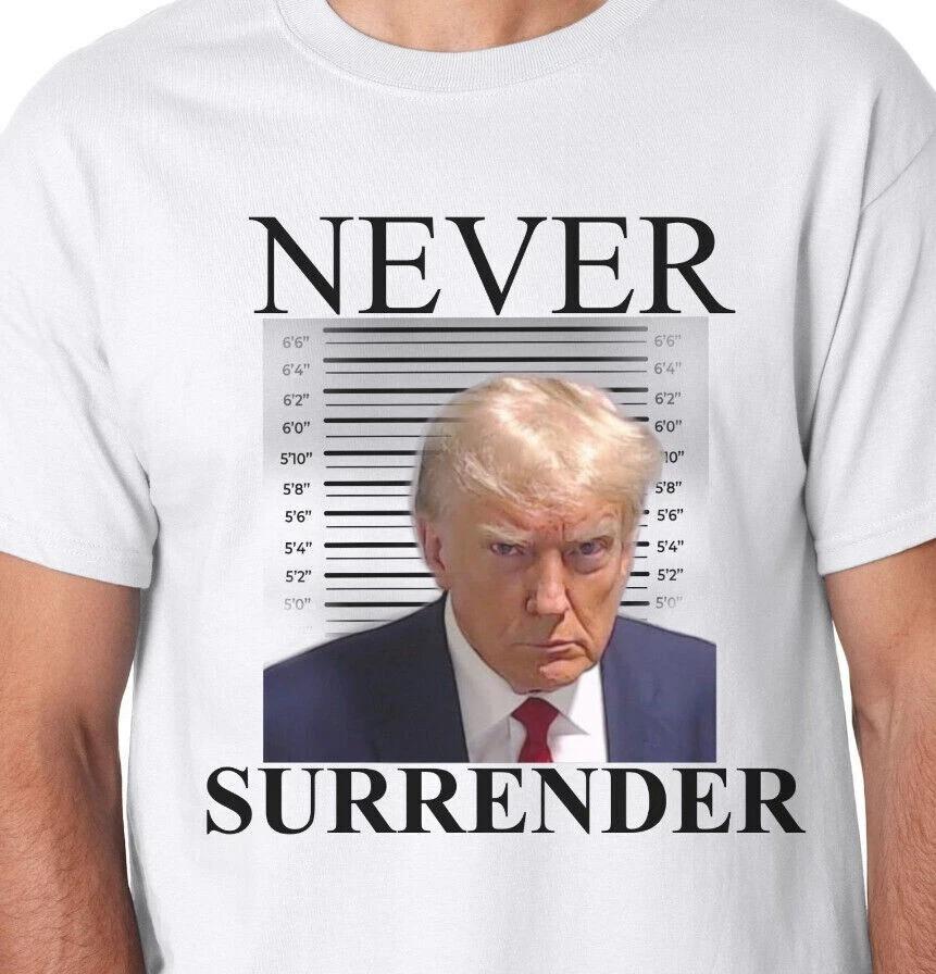 Never Surrender Donald Trump Mugshot T-Shirt on Gildan 100% Cotton Tee L