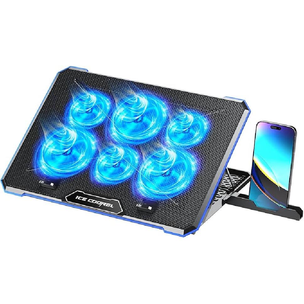 ICE COOREL Laptop Cooling Pad with 6 Cooling Fan, Laptop Cooler Fan with No Lights, Cooling pad for Laptop 15-17 Inches, Notebook Cooler Stand with 9